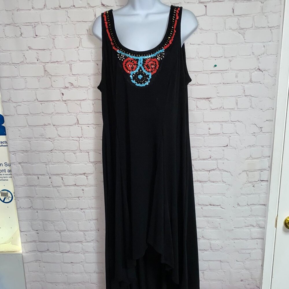 Sz.1X*Black Tank Dress W/ Coral & Blue Sequins--Midi-Length